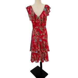 WAYF Dress Sz M Red Floral Midi Romantic Fit & Flare Tropical Garden Party